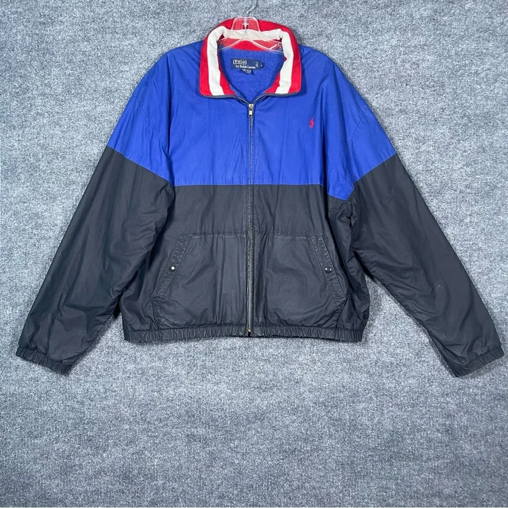 Vintage‎ Polo Mens Large Black Blue Color Block Wool Collar Fleece Lined Jacket